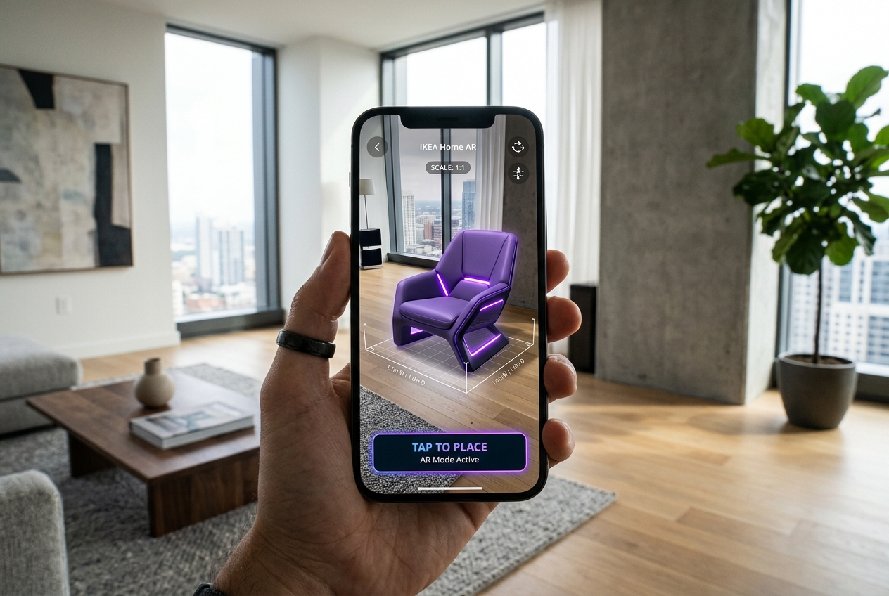 Smartphone showing AR furniture preview